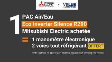 1 PAC Air/Eau Mitsubihi Electric Eco Inverter R290 achetée = 1 manomètre électronique 2 voies Value OFFERT